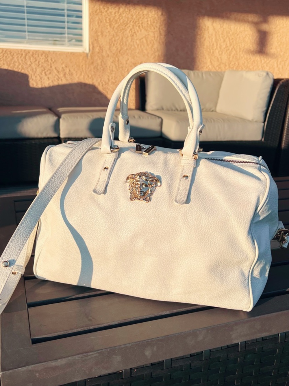 Authentic Versace Palazzo Bowler White Leather Satchel
